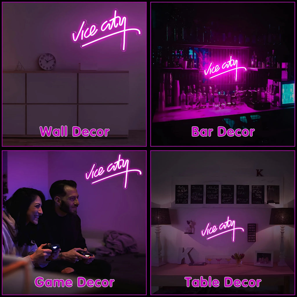 Vice City Neon Sign Handwritten letters for Wall Decor USB LED Neon Light Sign for Bedroom Man Cave Game Room Decor